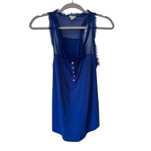 Guess Royal Blue Sheer Mesh Trim Tank Top Size M Button Front Sleeveless Blouse